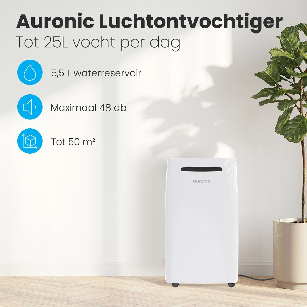 Auronic Luchtontvochtiger - 25L - Tot 40 m² - 420W - 34x21x55cm - Wit