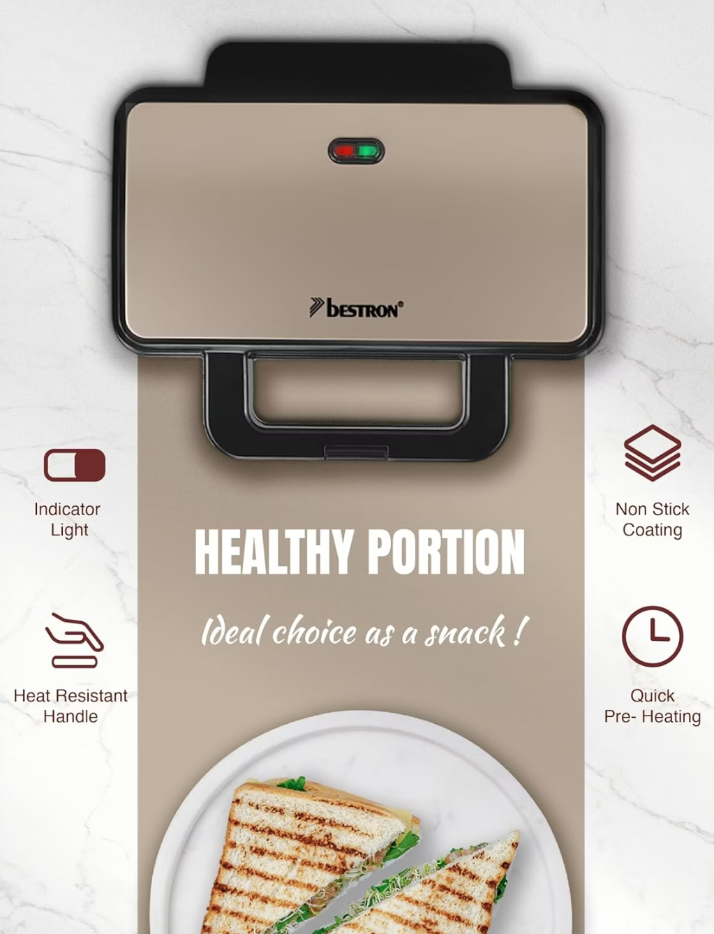 Bestron XL Tosti-apparaat ASM92XLSS - 900W - 26x31x12cm - Beige