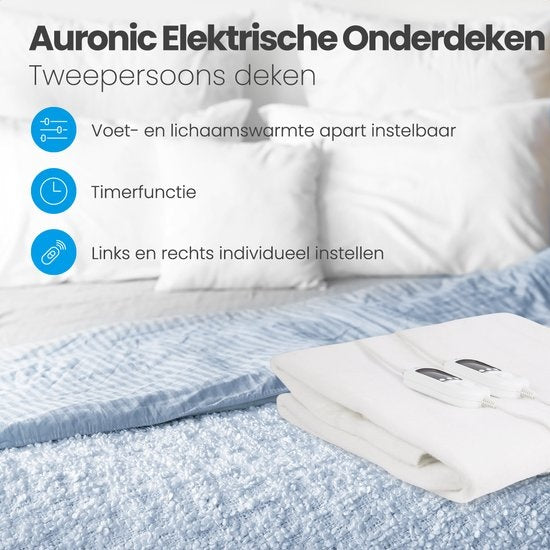 Auronic Elektrische 2-Persoons Onderdeken – Instelbare Voetzone, 9 Warmtestanden, 120W – 160 x 150 cm – Wit
