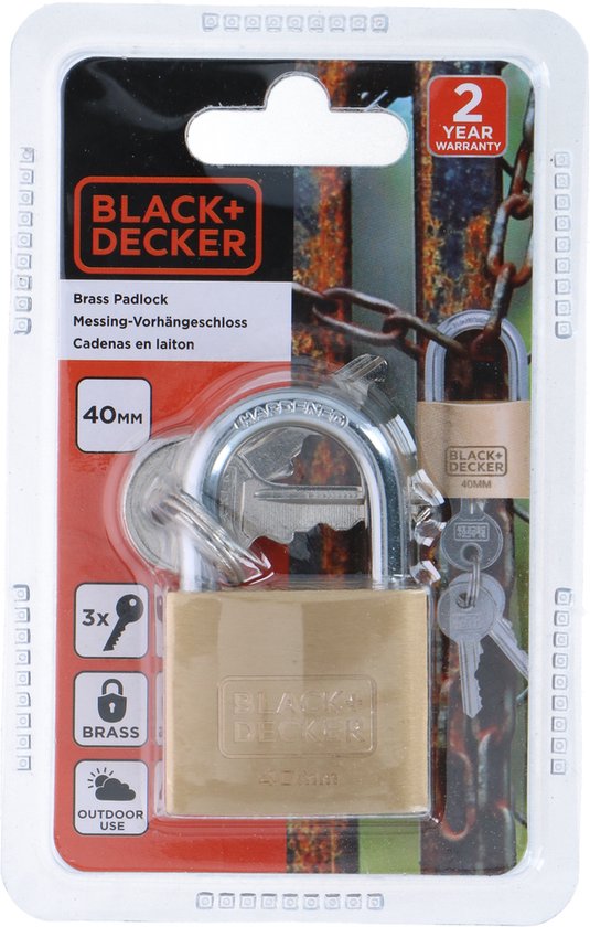 BLACK+DECKER Hangslot met Sleutel - 40mm - Incl. 3 Sleutels - Massief Messing Slot