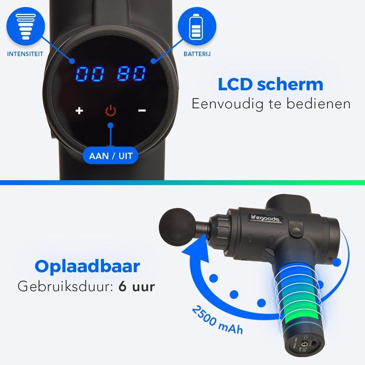 Auronic Massage Gun - 6 Opzetstukken - 30 Standen - Professioneel Massage Apparaat - Zwart