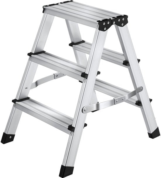 tectake® Dubbelzijdige Aluminium Keukentrap - 3 Treden - 58 cm - Stevige Trap Ladder - Opklapbaar Opstapje - Antislip Huishoudtrap