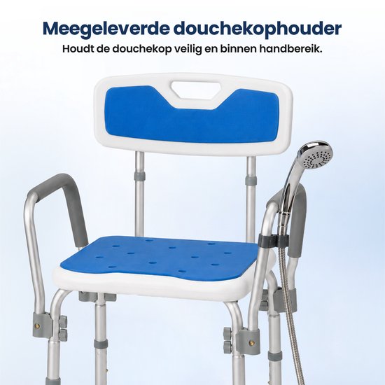 Truesafe Douchestoel met afneembare rug- en armleuning - Douchekruk - Badkamer Stoel - Antislip - Verstelbare Hoogte - Max 130 Kg + Douchezak