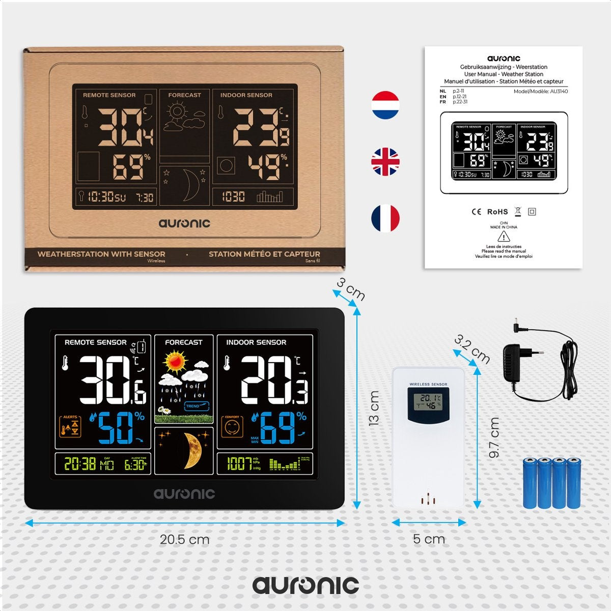 Auronic Weerstation - Draadloos - Binnen en Buiten - met Buitensensor - 60M Bereik - Zwart