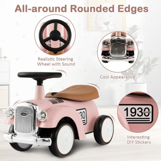 Retro Kinderspeelauto Functioneel Stuur Opbergruimte Onder de Stoel Grote EVA Wielen Loopauto op Vloerhoogte met Leuke Stickers Roze
