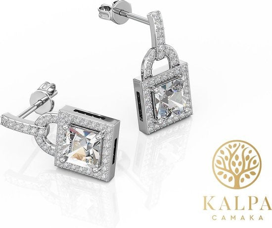 Yolora Dames Oorbellen Slotje - Kalpa Camaka Kristallen - Zilverkleurig - 18K Witgoud Verguld - Vrouwen Oorhangers Zilver - Sieraden - Luxe Giftbox - Geschenkdoos - Cadeau doos - Mooie Cadeauverpakking - Moederdag Cadeautje