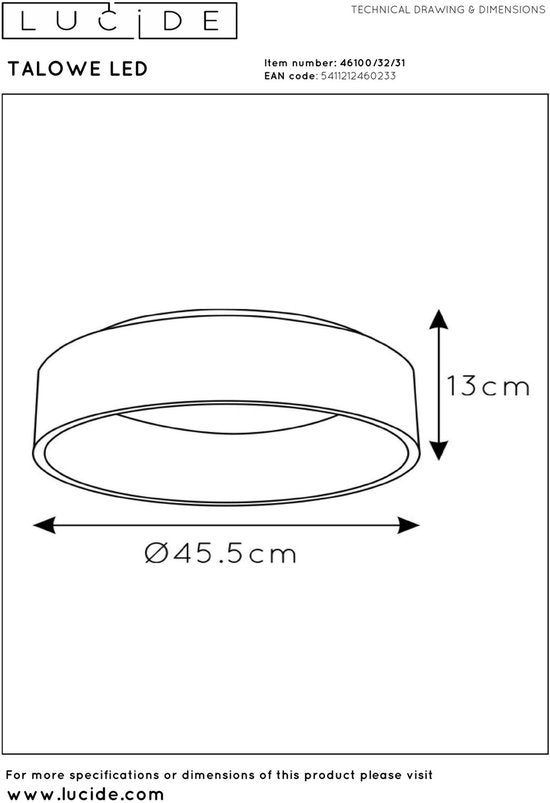 Lucide TALOWE LED - Plafonnière (Plafondlamp) - Ø 45,5 cm - LED Dimbaar - 1x30W 3000K - Wit