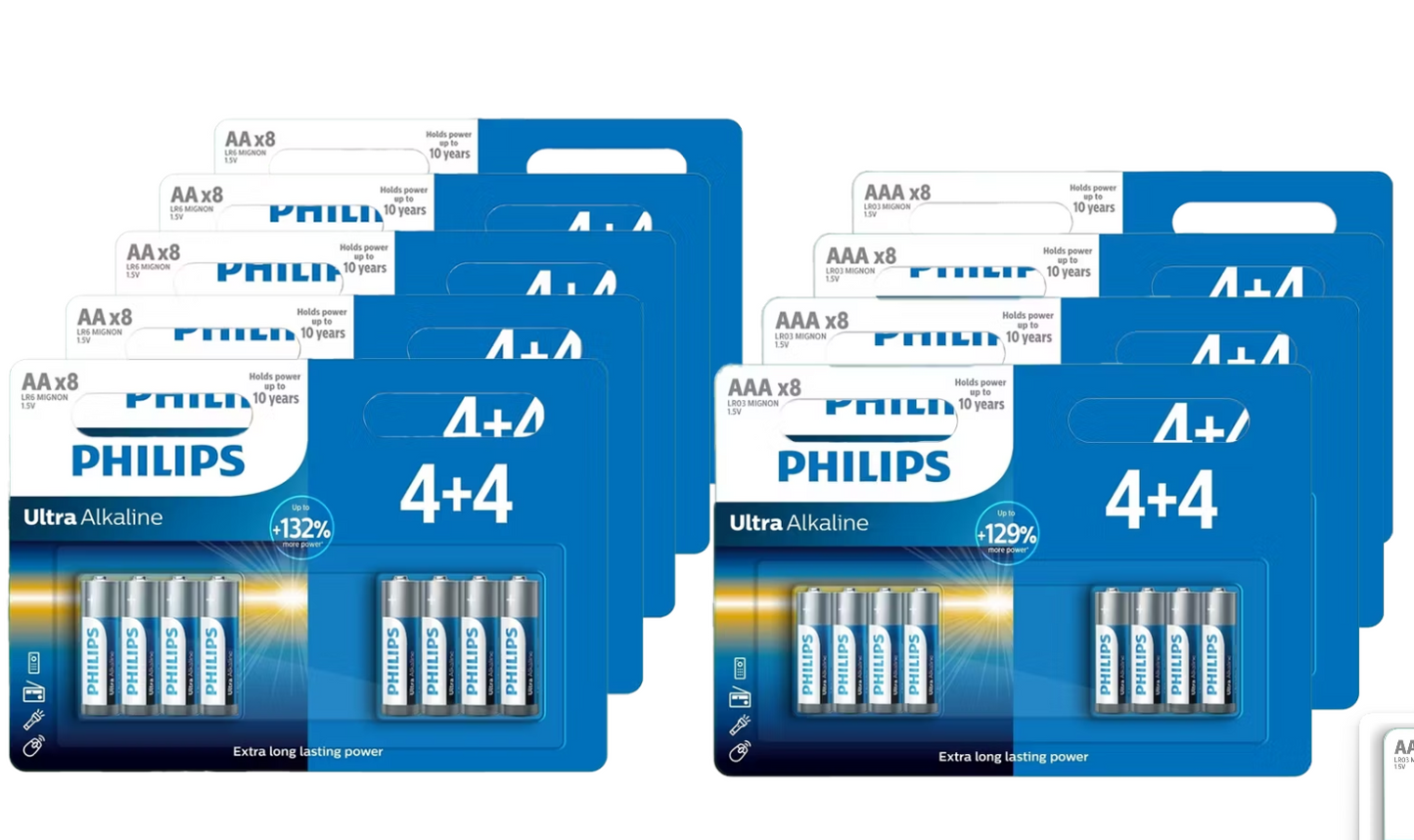Philips Ultra Alkaline Batterijen Set - 72 Stuks - 40x AA LR6 + 32x AAA LR03 - 1,5V Alkaline