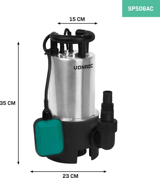 VONROC Dompelpomp RVS - Vuilwaterpomp - Waterpomp - 1100W - 20000 l/h - Voor vuil- en schoonwater - Met vlotter