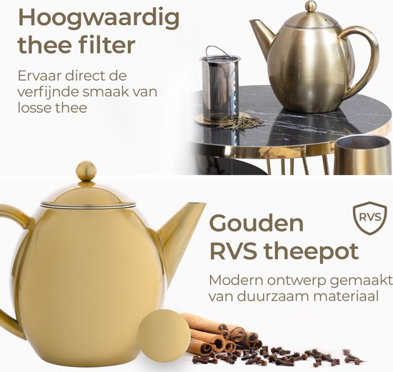 Vaja® Theepot Valerie Goud - Dubbelwandig - 1.2 Liter - RVS Theekan met Filter & Warmhouder