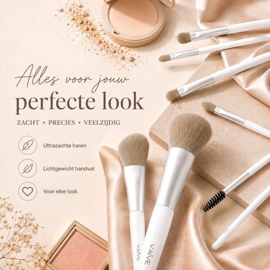 Vaive Make Up Borstels Set 9-Delig - Vegan Kwasten - Foundation, Oogschaduw, Blush, Kabuki & Bronzer Kwast - met Etui - Wit