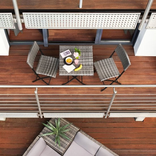 tectake® - wicker balkon- of tuinbistroset, zitgroep met 2 stoelen en 1 kleine eettafel, ruimtebesparend opklapbaar, tuinmeubelen, balkonmeubel klein balkon - lichtgrijs