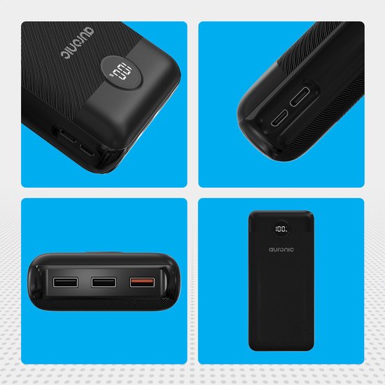 Auronic Powerbank - Geschikt voor iPhone 12/13/14/15 en Samsung S21/S22/S23 - 30.000 mAh - 22.5W - 4 Oplaadpoorten - Snelladen via USB-A en USB-C - Zwart