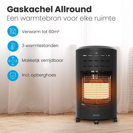 Auronic Mobiele Gaskachel - met Wieltjes - tot 60 m² - 4200W Heater - Inclusief Gasdrukregelaar en Gasslang - Inclusief Opberghoes - Zwart