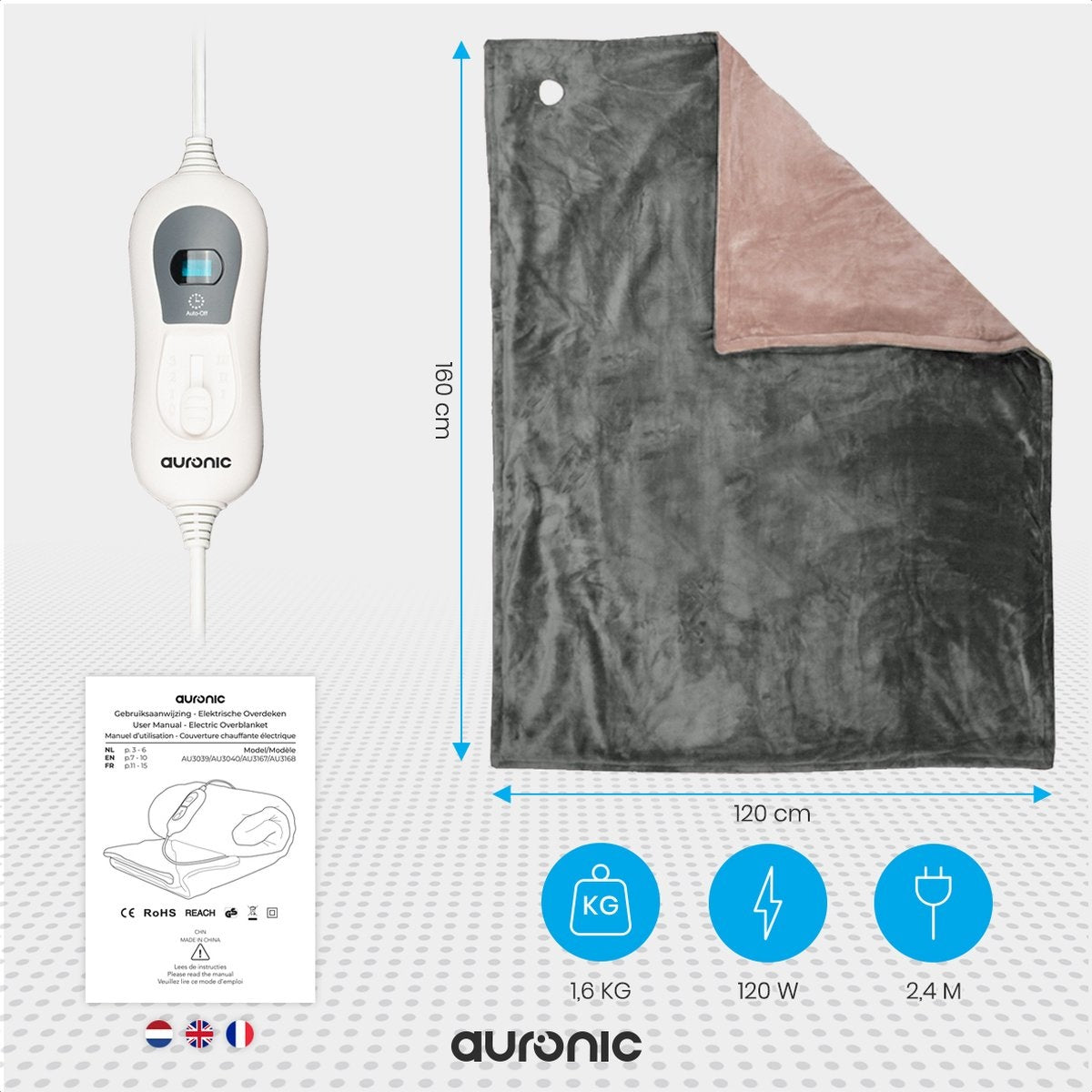 Auronic Elektrische Warmtedeken - 1 Persoons - 3 Warmtestanden - Bovendeken met Timer - 160 x 120cm - Grijs