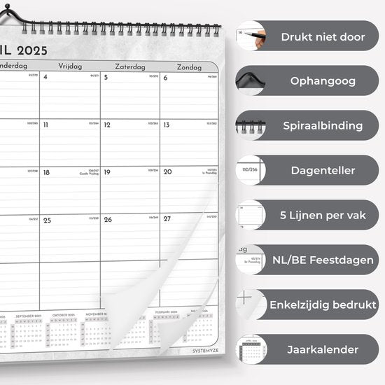 Systemyze Maandkalender 2025 Ophangbaar 12 Maanden - Kalender - Jaarkalender - Maandplanner - Wandkalender - Jan 2025 t/m Dec 2025 - 43 x 33cm