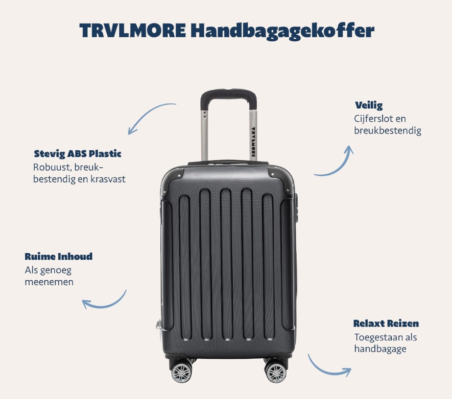 TRVLMORE Handbagage Koffer – 54x36x20 cm – 38L – Lichtgewicht & Sterk – Zwart – Geschikt voor Vliegtuigcabine