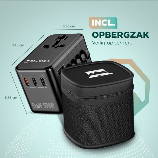 Remodius® Wereldstekker PRO - 220+ landen - Universele Reisstekker met PD100W Ultra USB C Snelladen voor Laptops, Telefoons, Tablets, en meer - 3x USB-C - 1x USB-A