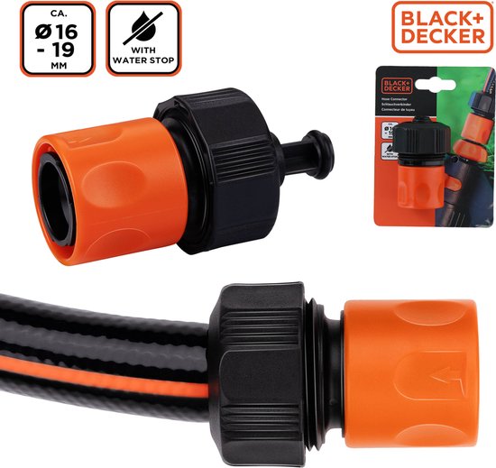 BLACK+DECKER Tuinslang Snelkoppeling - met Waterstop - 5/8'-3/4' - ⌀16-19 mm - Kunststof - Zwart/ Oranje