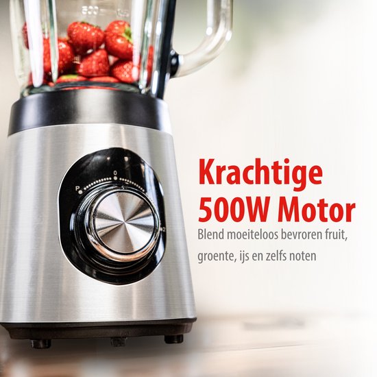 alpina Blender Smoothie 1.5L - Mixer 500W met Glazen Kan - Keukenmixer met 2 Snelheden en Pulserende Functie - Antislip Voetjes - Eenvoudig te Reinigen