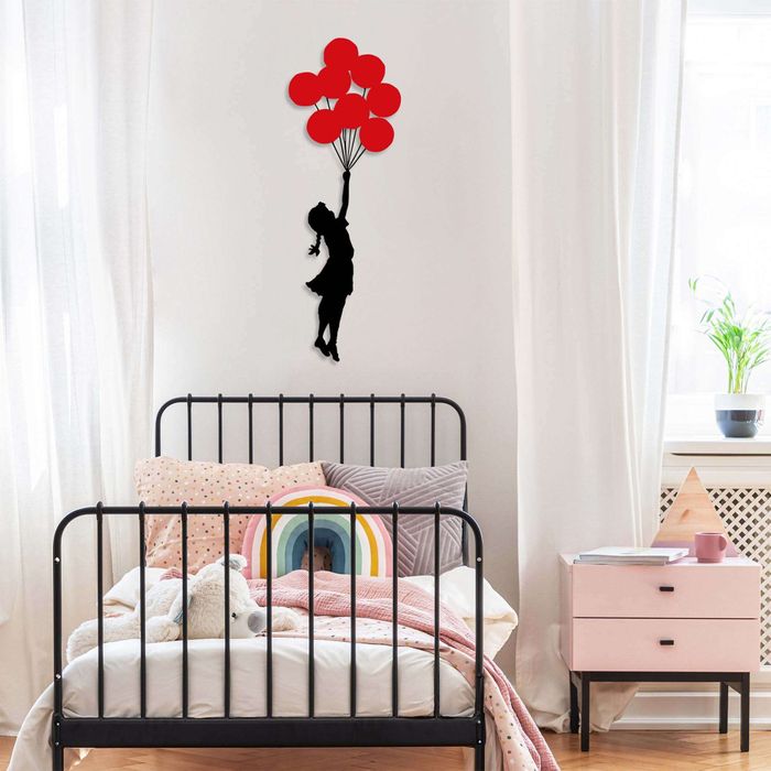 Wallity Wall Banksy - Metalen Wanddecoratie - Meisje Met Ballonnen - Rood/zwart - 34cmx1,5mmx100xcm