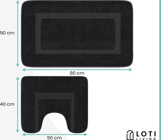 Loti Living Badmat Set Met Toiletmat Antislip – Douchemat – Badmat Badkamer – Vloermat – Badmat set wc mat – Badmat set antislip - Zwart - 50x80 cm + 50x40 cm