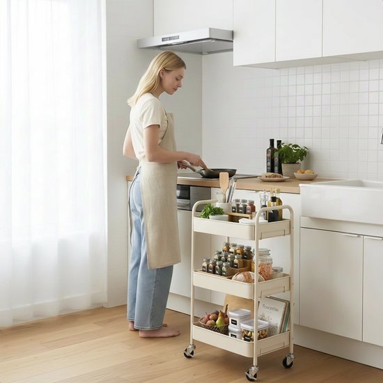 Keuken trolley op Wieltjes - 3 laags - Keukenrek - Serveerwagen - Kastje - Karretje - Opberg - Douche kastjes staand - Rekje - Beige - Luft