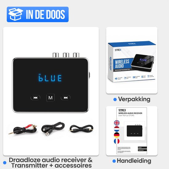 Strex Bluetooth Transmitter en Receiver 3 in 1 Adapter - Bluetooth Audio Zender en Ontvanger - Bluetooth 6.0 - AUX/RCA/Optisch - Draadloos - 15 meter bereik