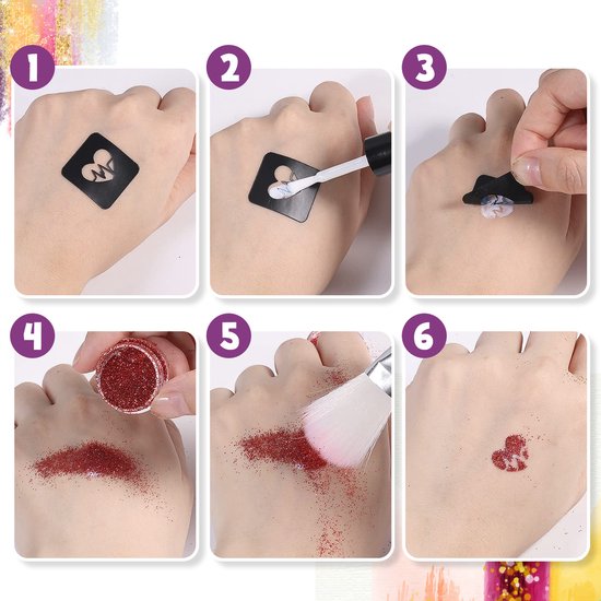 Partizzle Compleet Bio Glitter Tattoo Set - Meisjes / Jongens - Schmink Sjablonen, Lijm en Penselen - Gezicht Nep Neon Tattoos Knutselpakket - Carnaval Cadeau Knutselen voor Kinderen - 24 Kleuren / Biodegradable