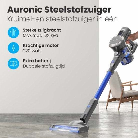 Auronic Steelstofzuiger - Draadloos - Zonder Zak - Op Accu - Zelfstaand - 220W - Extra Batterij - Vacuum Cleaner - Grijs/Blauw
