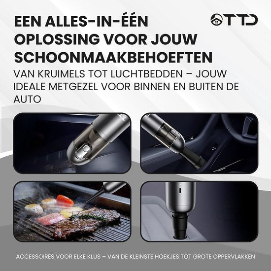 TTD® Premium Auto Stofzuiger Draadloos en Oplaadbaar - 17.000 Pa - Kruimeldief Snoerloos - Handstofzuiger - Blazen & Zuigen - Hittebestending - Compact design - Met HEPA-filter