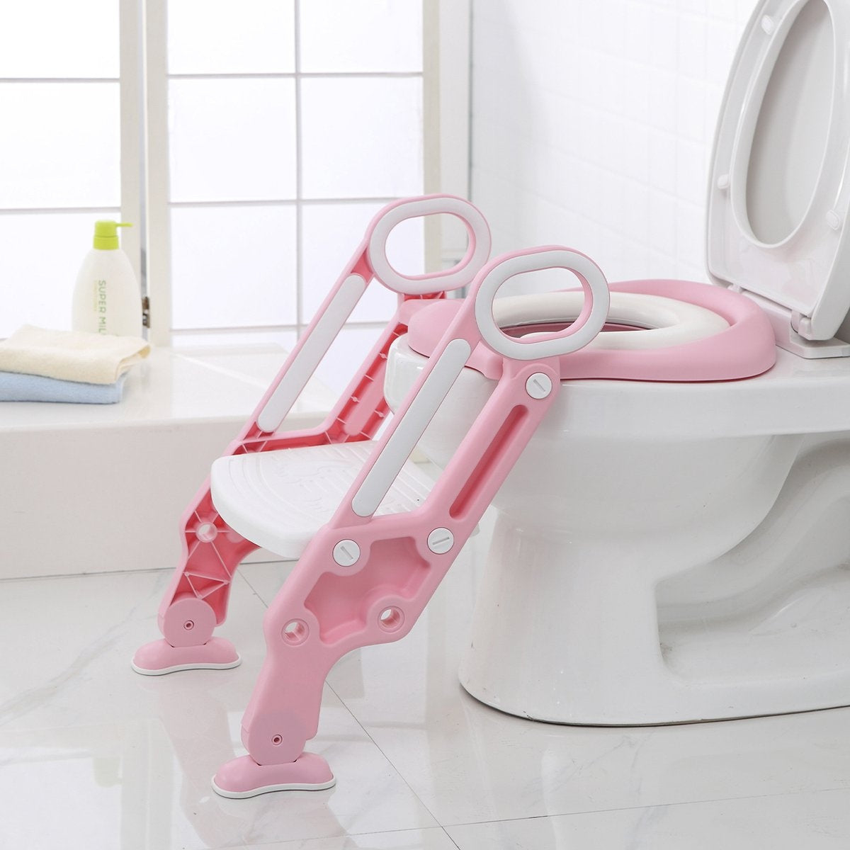 LifeGoods WC Verkleiner met Trapje - Toilettrainer met Opstapje - Potje peuter - 2 tot 7 Jaar - Roze/Wit