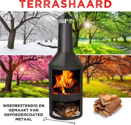 BBQ Collection Buitenhaard met Schoorsteen - Tuinhaard 134 x 44,5 x 44,5 cm - Terrashaard voor Brandhout - Terraskachel met As-Opvangbak, Pook en Houtopslag - Tuin en Terras - Carbon Staal