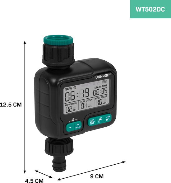 VONROC Watertimer - Besproeiingscomputer - digitaal - automatisch irrigatiesysteem – ruim instelbare interval en duur: 1uur tot 15 dagen/ 1sec tot 99min – IPX5 waterbestendig
