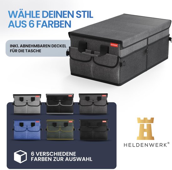HELDENWERK Premium kofferbak organizer met deksel, stevig & antislip - Opvouwbare kofferbaktas, groot met dubbele bodem - Kofferbakbox, kofferbak organizer box