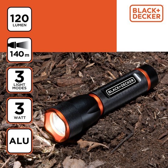 BLACK+DECKER LED Zaklamp 120 Lumen - 3W - 140M Bereik - 3 Lichtstanden: Hoog, Laag, Pulserend - Zwart/Oranje