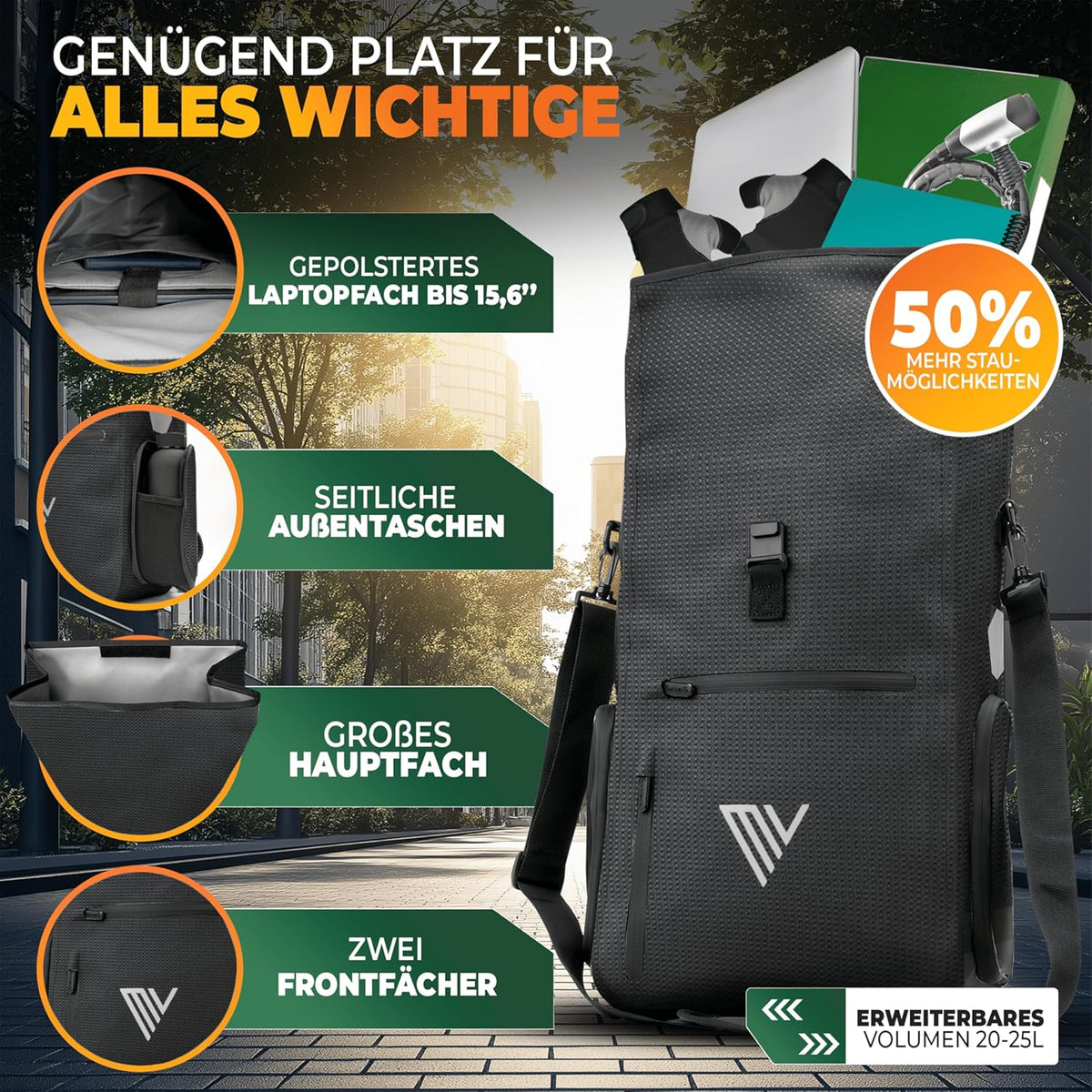 MIVELO 3-in-1 Waterdichte Fietstas, Rugzak en Schoudertas – 25L, Zwart Reflecterend – Met Laptopvak & Snelle Ombouwfunctie