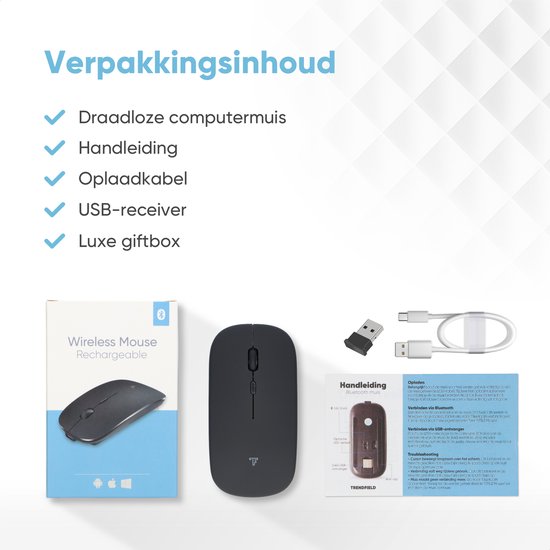 Trendfield Draadloze Muis - Oplaadbare Computermuis - Bluetooth - Ergonomische Muis met Stille Klik - Geschikt voor alle Laptops - Zwart