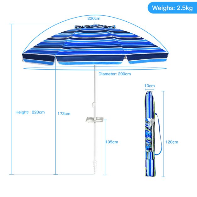 Coast Strandparasol 220 cm - UPF50+ - Kantelbaar - Met Bekerhouder/Draagtas