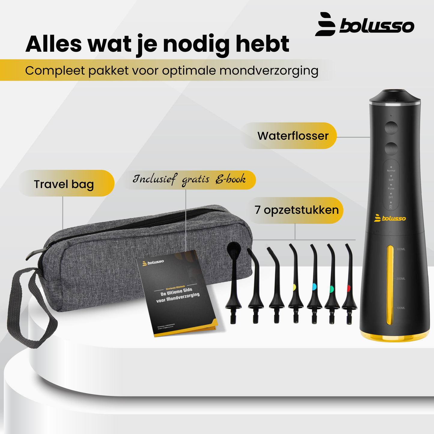 Bolusso Waterflosser - Inclusief 7 Opzetstukken - Reistas - E-book - Volledig instelbaar - Monddouche - Tongreiniger - Mondverzorging - Tandplak Verwijderaar - Beugel Schoonmaken - Tandsteenverwijderaar - Flosapparaat - NIEUW model