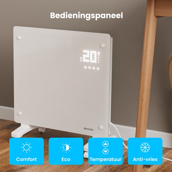 Auronic Elektrische Kachel – Convectorkachel met Thermostaat en Afstandsbediening - Glazen Paneelverwarming - 1000W Heater - Wit