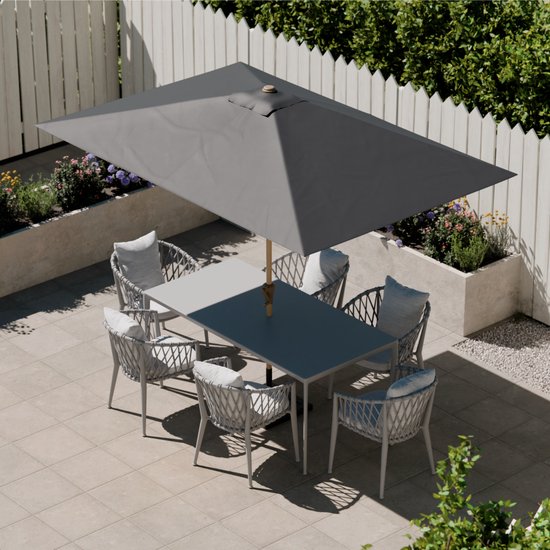 LifeGoods Parasol - Tuin - 270x180cm - 30° Kantelbaar - Waterdicht - UPF50+ - Houtkleurige coating - Donkergrijs