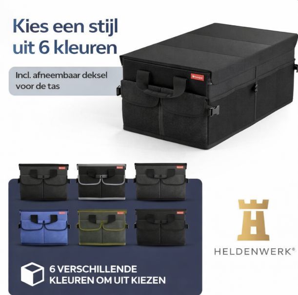 HELDENWERK Premium kofferbak organizer met deksel, stevig & antislip - Opvouwbare kofferbaktas, groot met dubbele bodem - Kofferbakbox, kofferbak organizer box