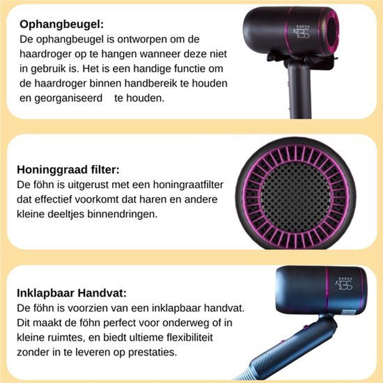 BAESS Föhn met diffuser - Reisföhn Inklapbaar - Ionische Haardroger - 2000W - Coolshot - Krullen - Haarföhn - Hair Dryer - Grijs