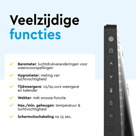 BRASQ Draadloos Weerstation binnen en buiten - Hygrometer - Luchtvochtigheidsmeter - Met buitensensor tot 60 meter - Thermometer - Barometer - inclusief batterijen