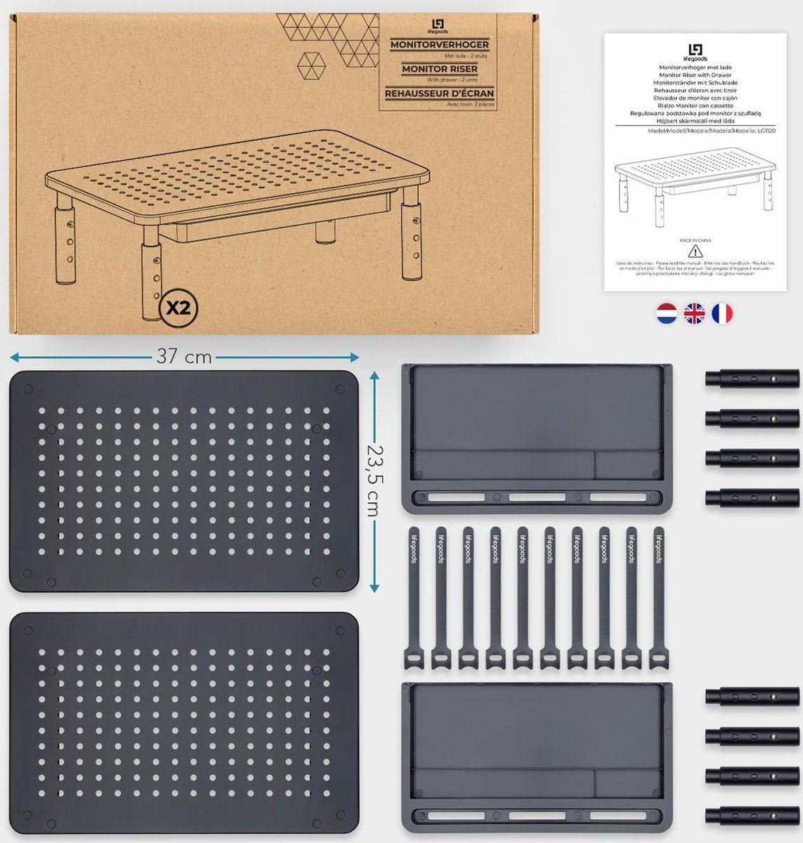 Auronic Monitorstandaard - Monitor Verhoger - Beeldscherm Verhoger - 2 Stuks - Verstelbaar - 37 x 23,5 x 10 cm - Metaal - Zwart