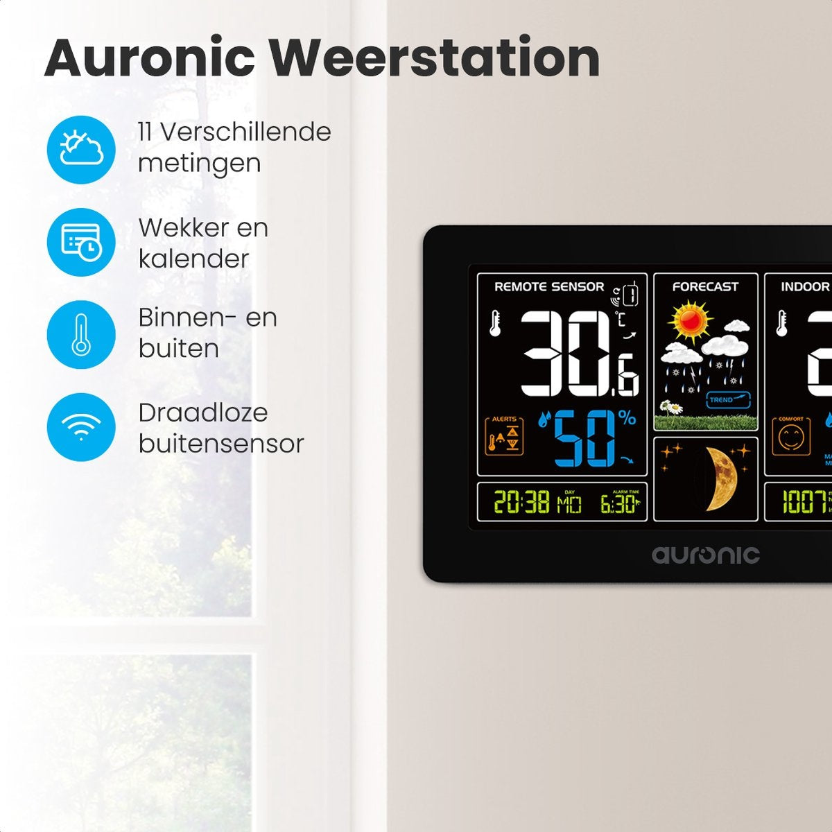 Auronic Weerstation - Draadloos - Binnen en Buiten - met Buitensensor - 60M Bereik - Zwart