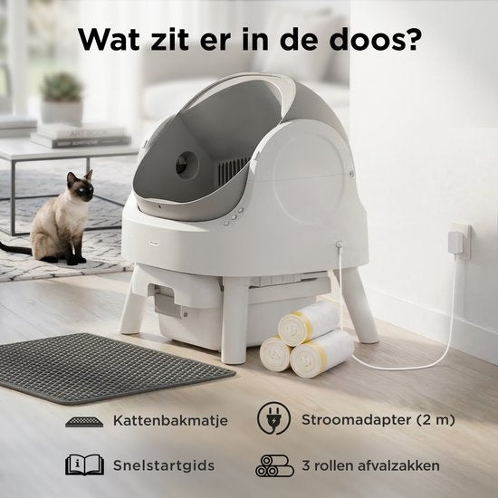 TrevoPet® Automatische Kattenbak - Zelfreinigend & Veilig - Voor Katten tot 12KG - Incl. Mat, 60 Afvalzakjes & Accessoires - 10L Afvalbak - Wit & Grijs