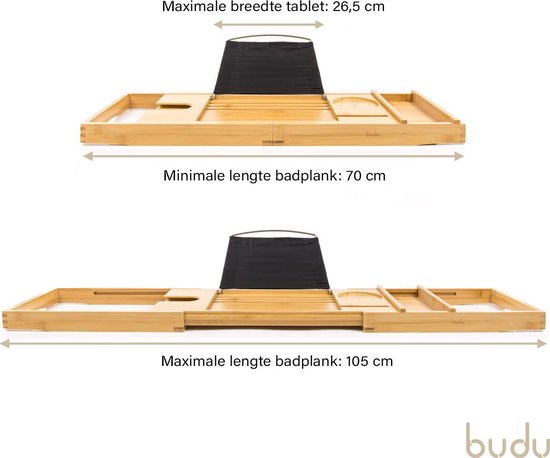 Budu Badplank Bamboe - Badplank hout - Badplank voor in bad - Verstelbaar / Uitschuifbaar - Badrekje - Bamboe badrek - 70-105 cm