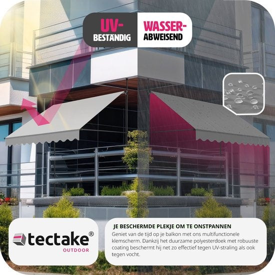 tectake - klemluifel - Zonnescherm – Zonneluifel - Verstelbaar - Klem-zonwering - Zonnescherm Balkon - 250 x 180 cm - lichtgrijs – zonwering - 404961